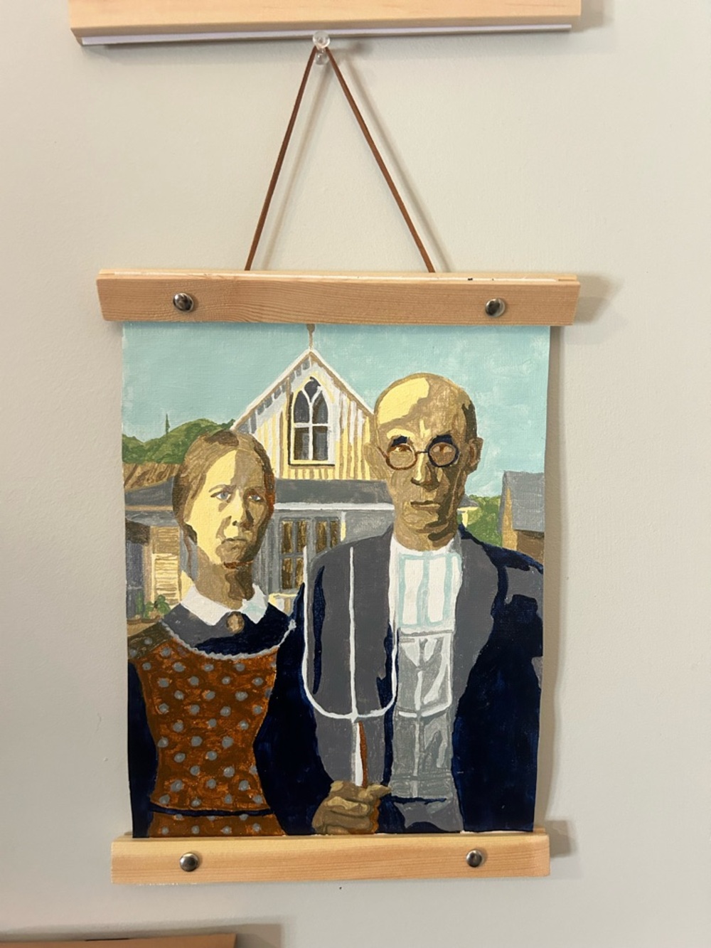 American Gothic Style Framed Painting - Blue, Tan, Brown